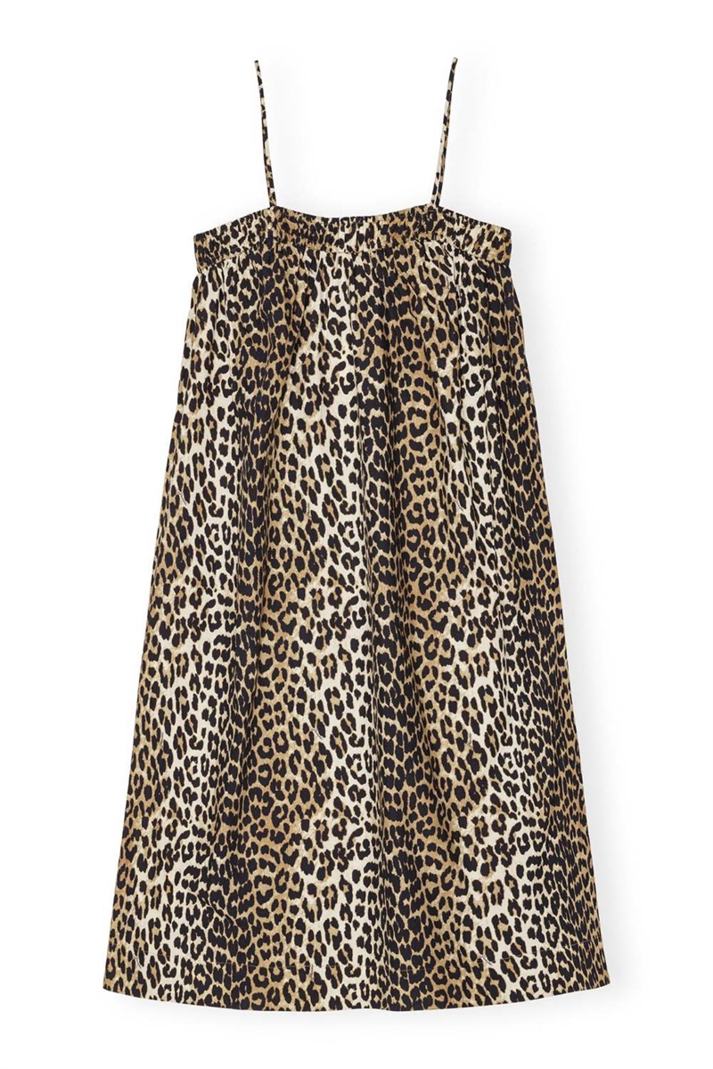 GANNI F9354 BOMULL POPLIN-REM KLÄNNING LEOPARD